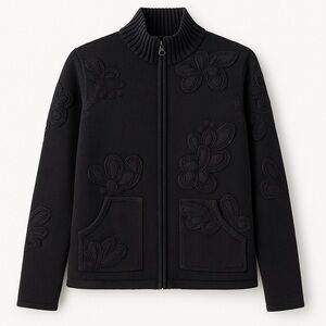 Chico’s Black Floral Embroidered Zip-Up Jacket Sweater Size S